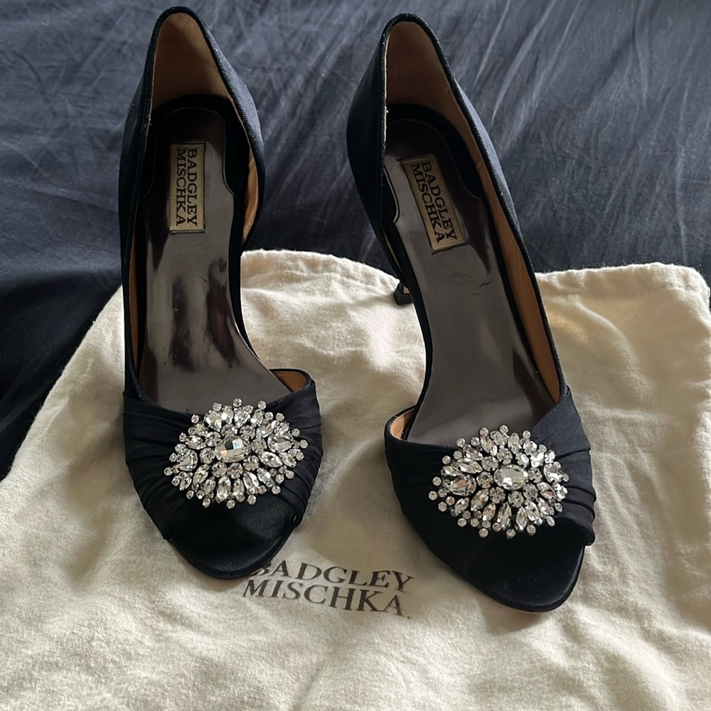 Badgley Mischka Black Satin Heels with Crystal Embellishment